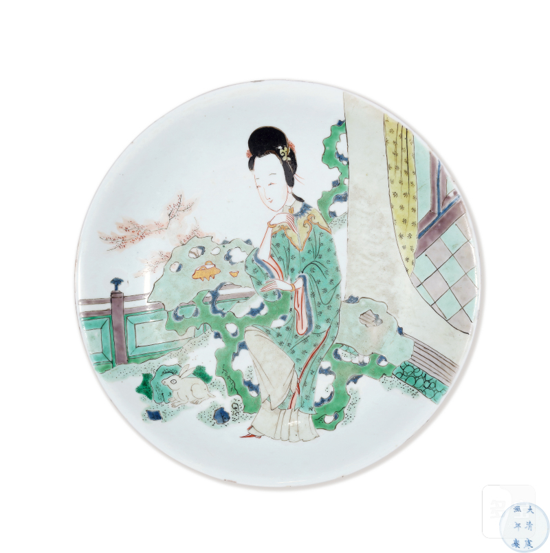 清康熙 五彩描金玉兔伴娥图盘 - 图2